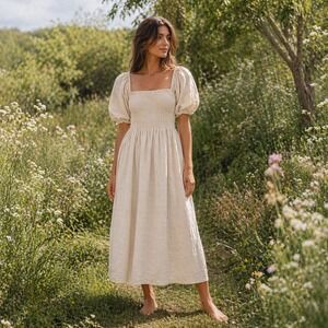 7 For All Mankind Womens Smocked Midi Dress Beige Cotton Linen Puff Sleeve L